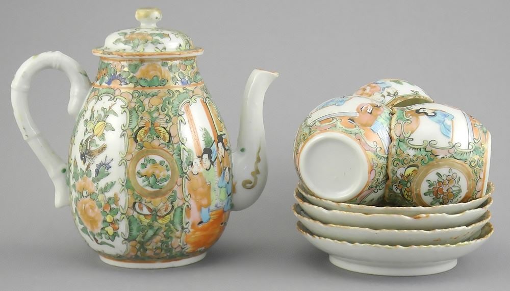 Chinese Rose Mandarin Porcelain Tea Pot (5 1/2"h) with Three Cups & Four Saucers. (1 of 3)