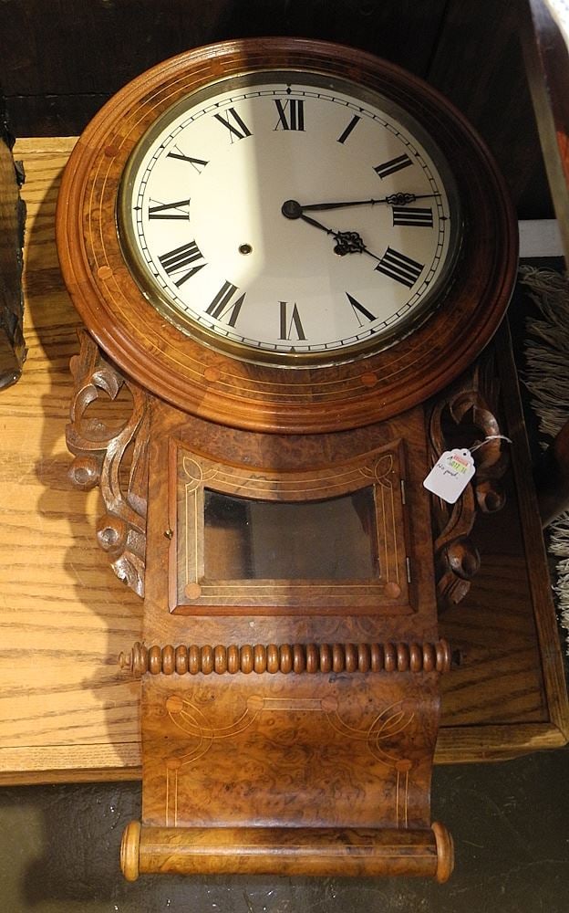 19th C. Burl Walnut Wall Clock, 30"h (no pendulum). (1 of 1)