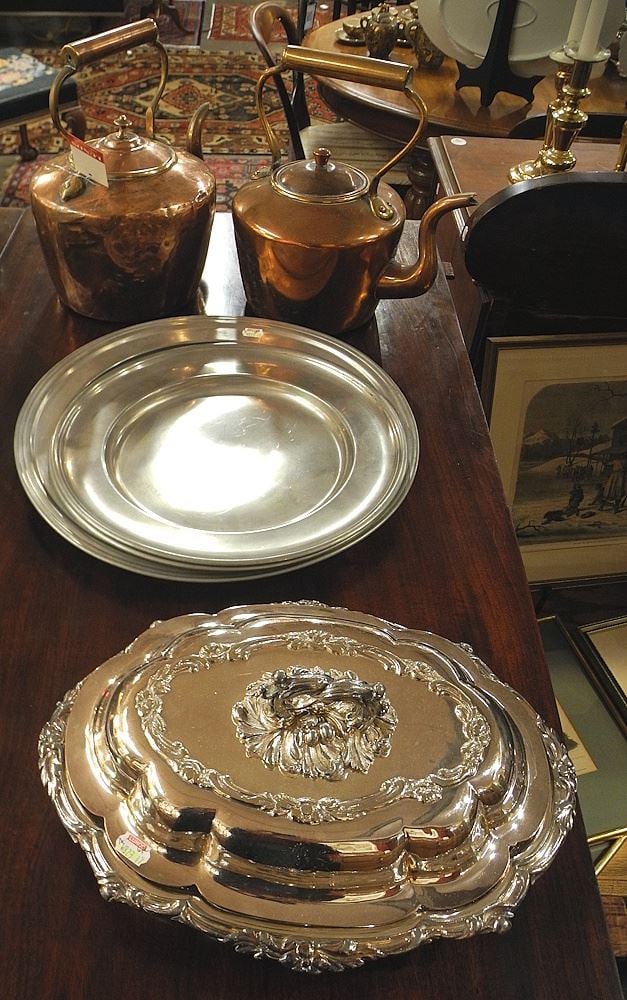 Collection of Two Copper Kettles/ Three Pewter Dishes/Entre Dish/ Kettle, 11"h. (1 of 1)