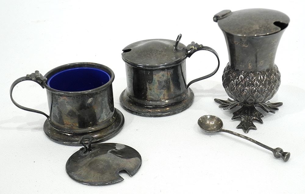 Three Hallmarked Silver Condiment Pots, 2 1/16"h, 104g (as found). (1 of 4)