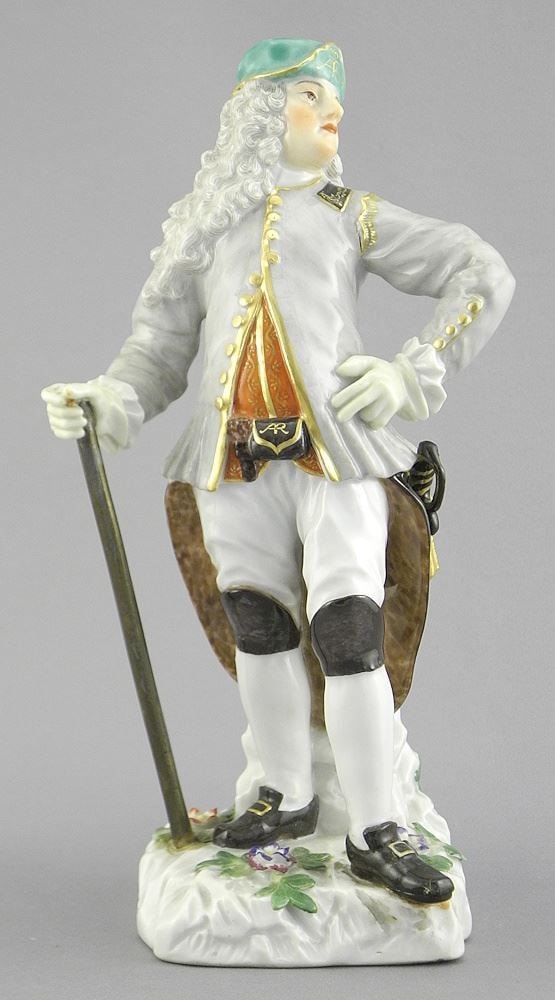 Meissen Porcelain Figure Dated 1929, 8"h (chipped) & Saxe Strawberry Dish (1 of 5)