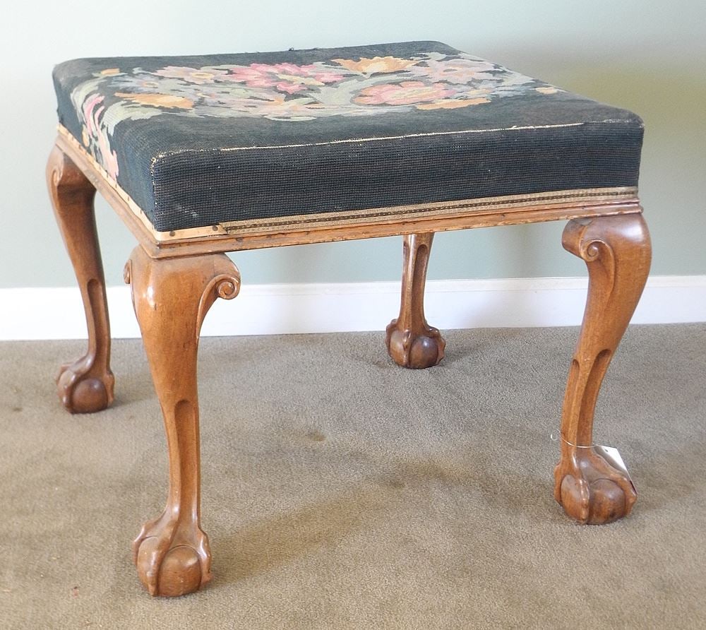Antique Carved Mahogany Upholstered Footstool, 22 x 22 x 18 1/2"h. (1 of 5)