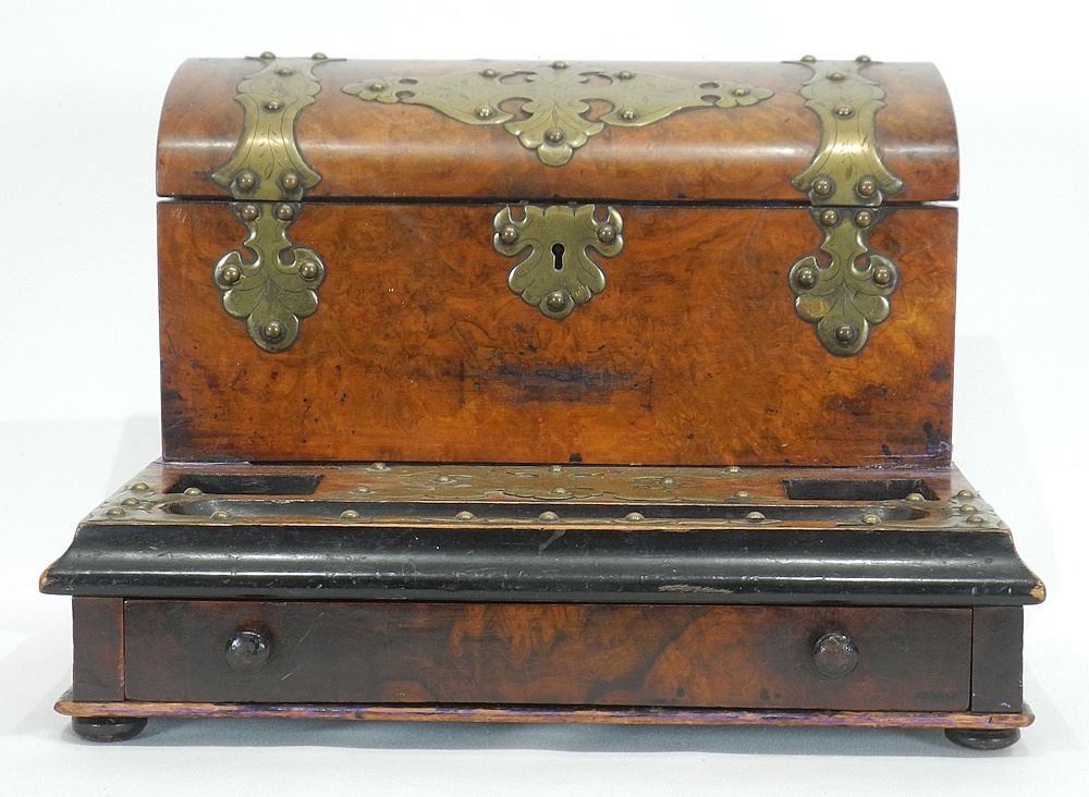 19th C. Brass Bound Walnut Desk Stand, 9 1/4"h (as found). (1 of 4)