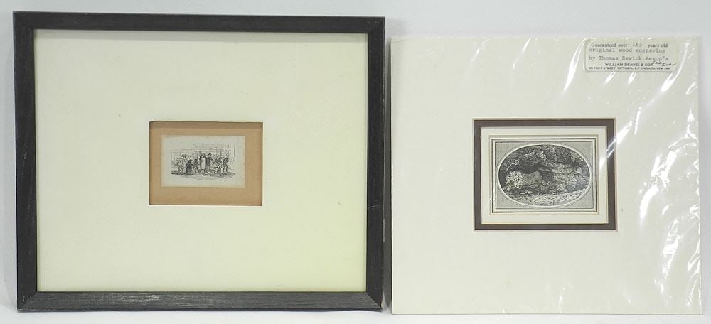 Two Engravings: Bewick "Aesops" (2 3/8 x 3 1/8") & "Market", 1 1/2 x 2 1/2" (1 of 4)