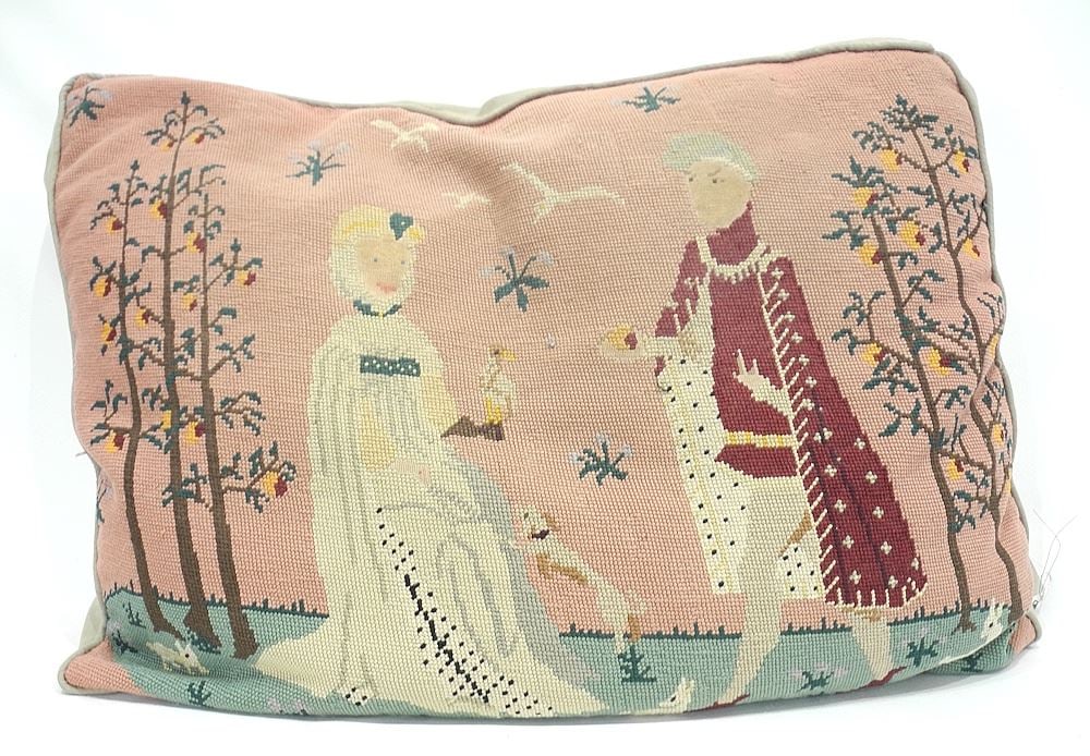 19th C. Petit Point/Needlepoint Figural Cushion, 28 x 20". (1 of 2)