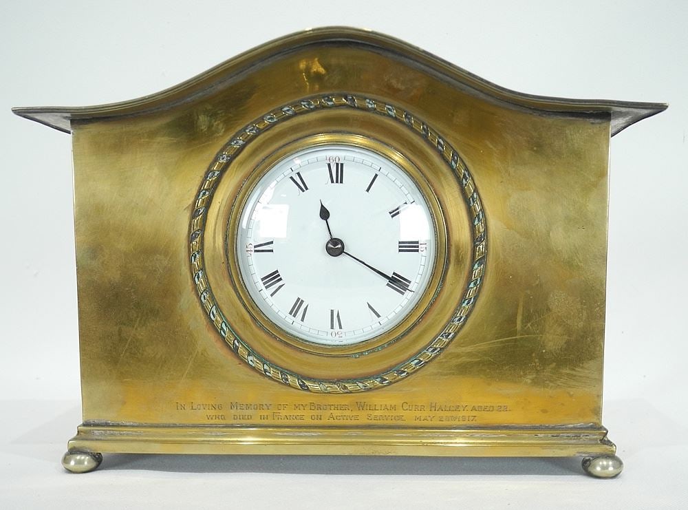 Brass Mantle Clock with 1917 Active Service Memorial Inscription, 7 7/8" (1 of 3)