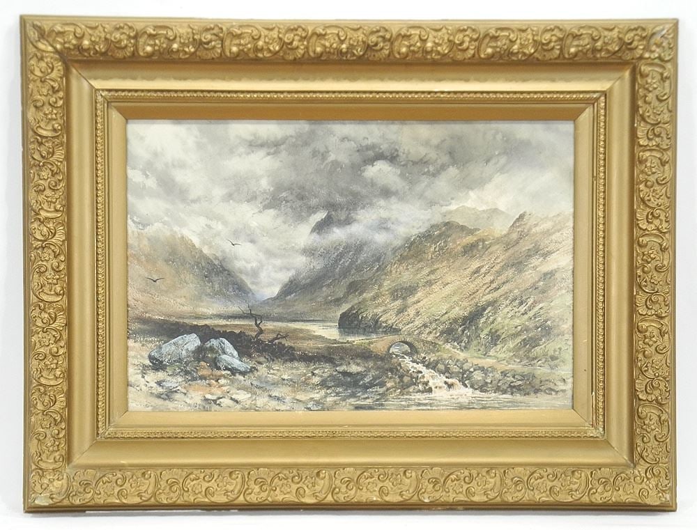 Watercolour signed G.L. Hall 185*, 11 3/4 x 18", "Highland Scene with Circling Birds". (1 of 3)