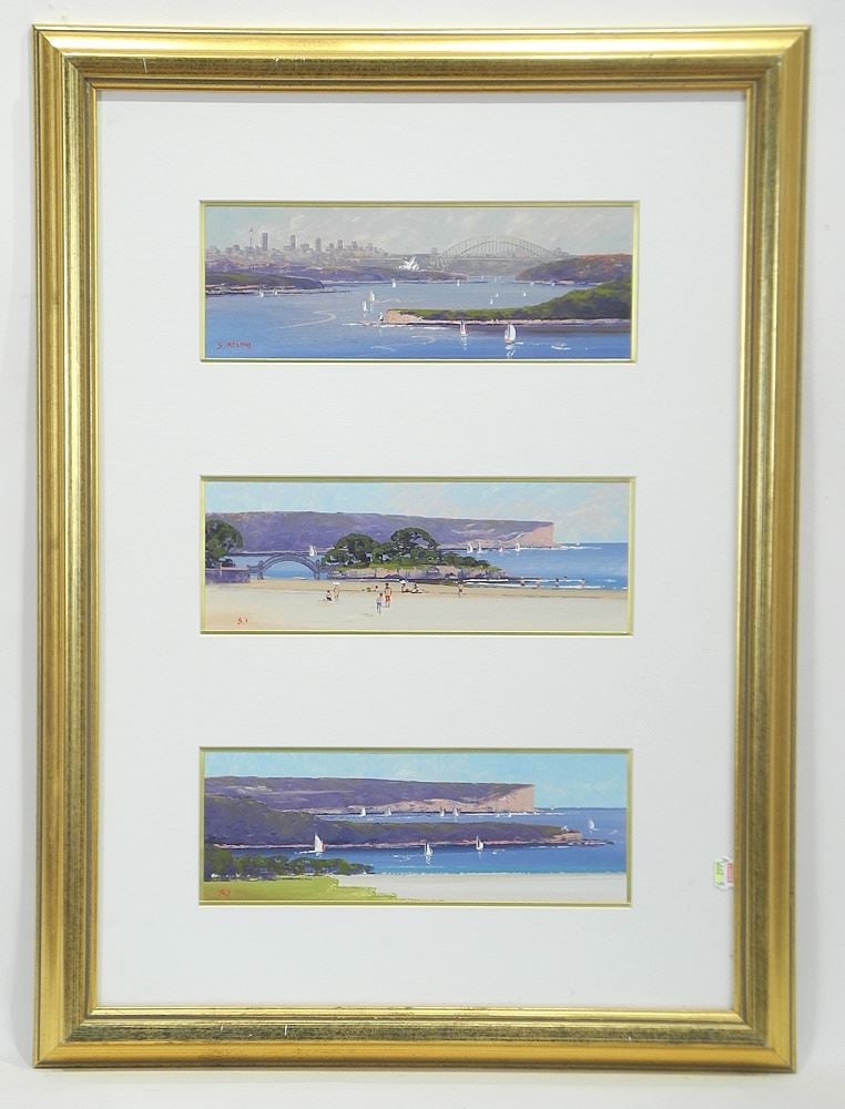 Gouache Triptych signed & Monogrammed S. (Scott) Ireland, Each 3 3/4 x 10 3/4", "Australi: Gouache Triptych signed & Monogrammed S. (Scott) Ireland, Each 3 3/4 x 10 3/4", "Australi