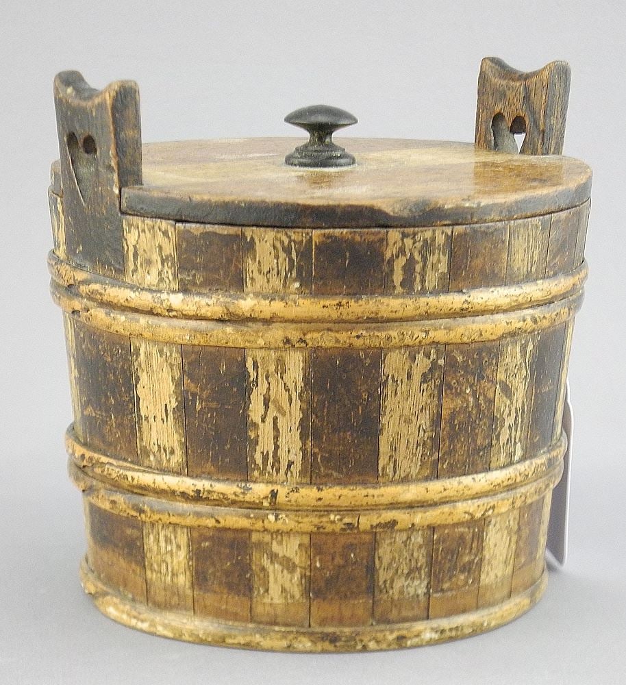 Scottish Staved Wood Firkin, Heart Handles, 4 1/2" Diam., 4 1/2"h. (1 of 2)