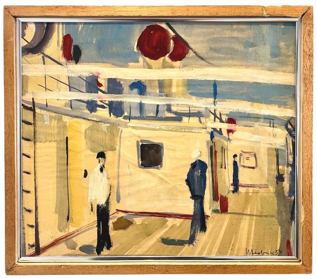 Oil Sketch signed H. Siebner '54, 12 x 14", "On Board S.S. Castle Felice".: Oil Sketch signed H. Siebner '54, 12 x 14", "On Board S.S. Castle Felice".