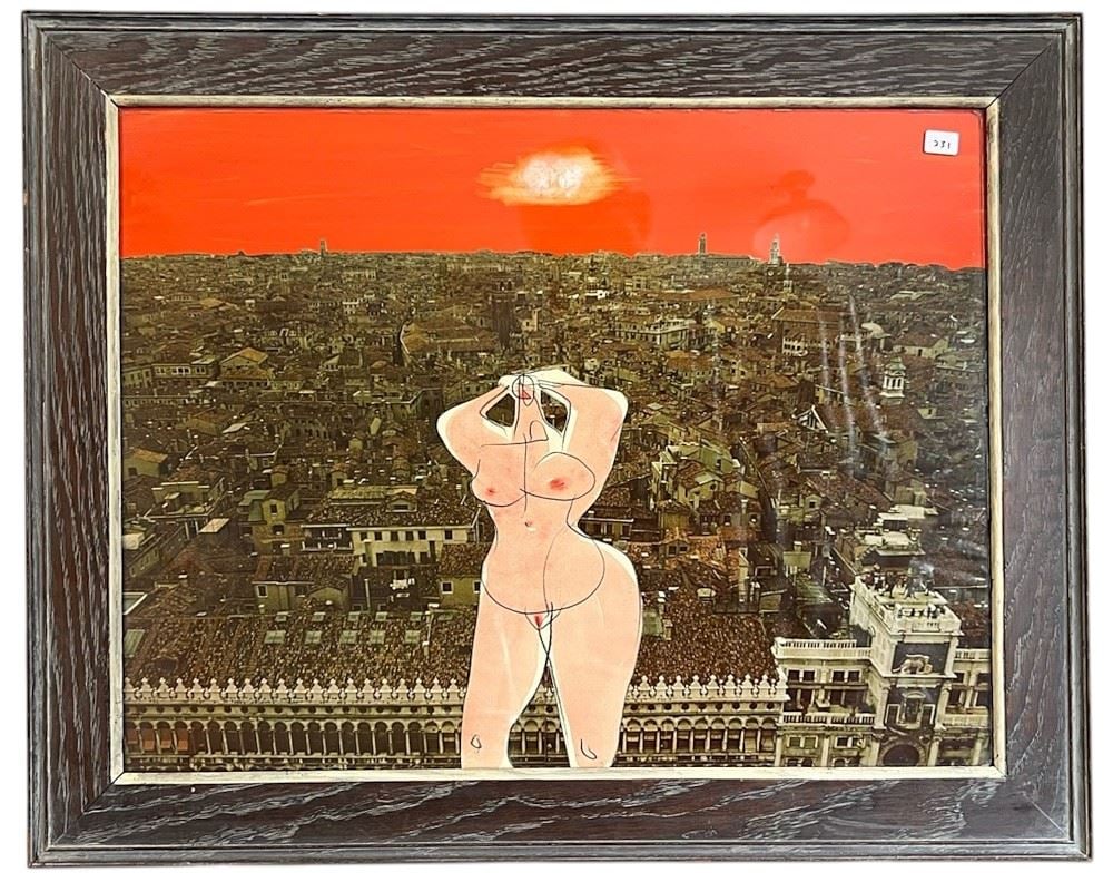 Mixed Media Collage signed Herbert Siebner Verso, 15 x 19 3/4", "Good Morning Venice".: Mixed Media Collage signed Herbert Siebner Verso, 15 x 19 3/4", "Good Morning Venice".