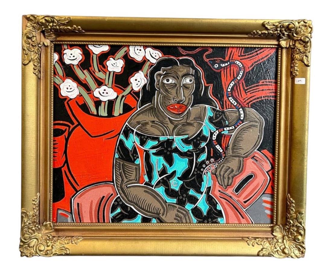 Acrylic Attributed to Jane Wade, 16 x 20", "Woman & Snake". (1 of 2)