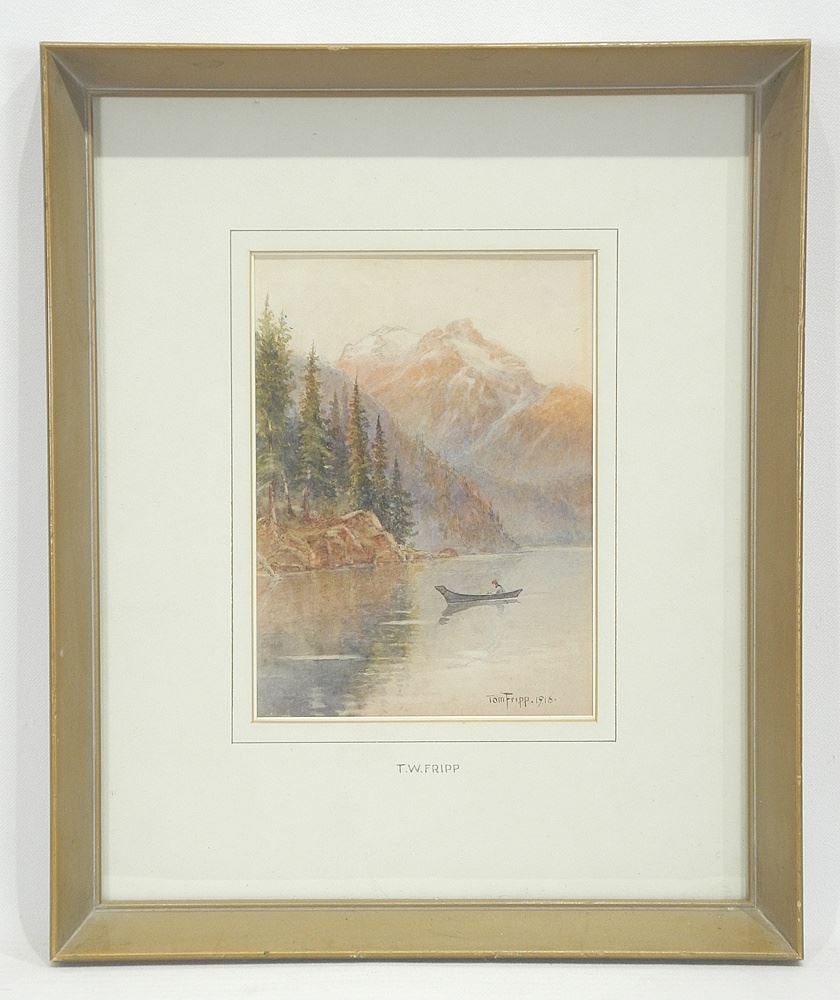 Watercolour signed Tom Fripp 1916, 7 1/2 x 5 1/2", "Stave Lake & Mount Baker". (1 of 6)