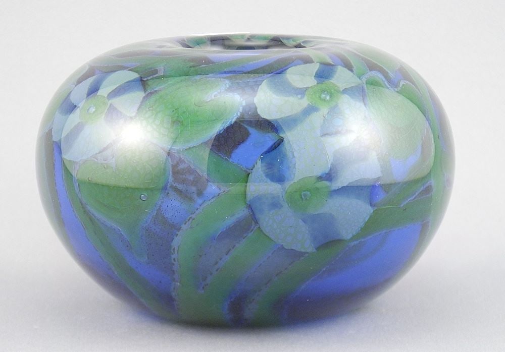 Iridescent Glass "Lily Pad" Vase signed M. (Mel) Munsen, 3 1/4"h. (1 of 4)