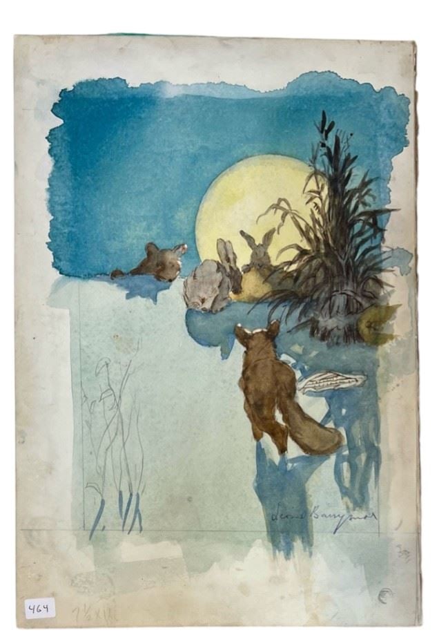 Watercolour signed Lionel Barrymore 7 1/2 x 11" "Rabbiting By Moonlight": Watercolour signed Lionel Barrymore 7 1/2 x 11" "Rabbiting By Moonlight"