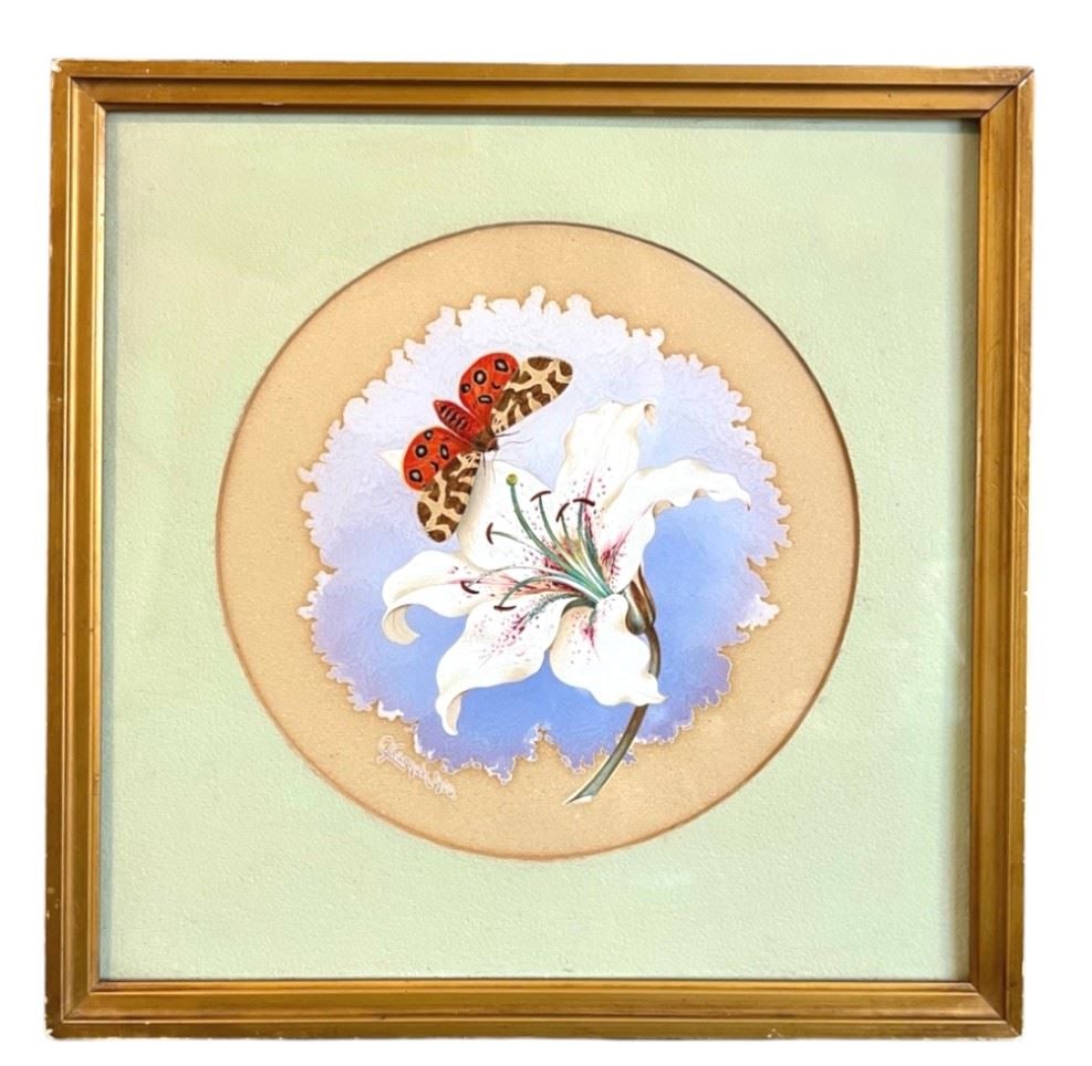 Watercolour signed C. Karnak, 8 5/8" Diameter, "Moth & Lily". (1 of 2)