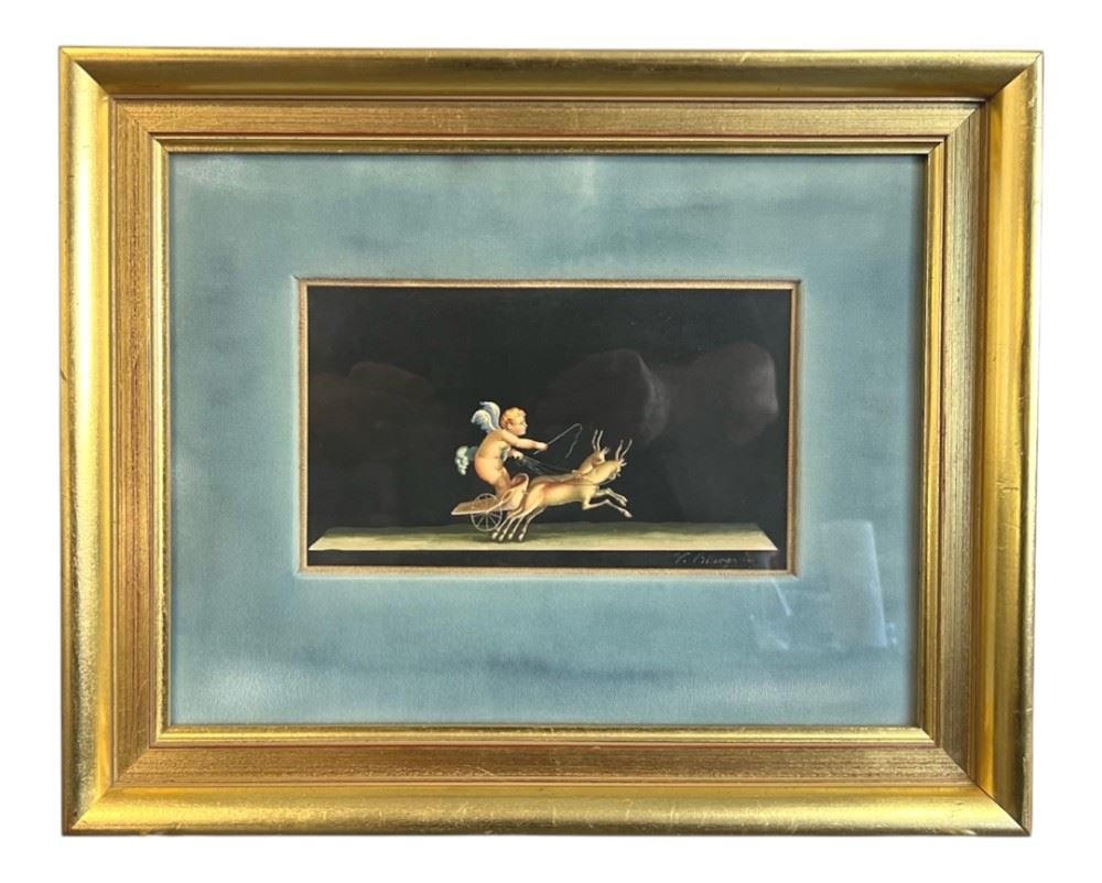 Tempera signed V (Vicenzo) Bisogno, 5 1/2 x 9 1/4", "Putti Away".: Tempera signed V (Vicenzo) Bisogno, 5 1/2 x 9 1/4", "Putti Away".