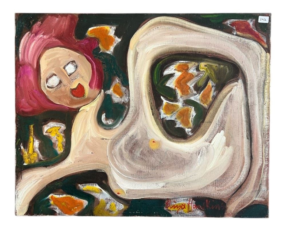 Oil Painting signed Eliza Hawkings, 16 1/4 x 20", "Nude on a Flowered Cover".: Oil Painting signed Eliza Hawkings, 16 1/4 x 20", "Nude on a Flowered Cover".