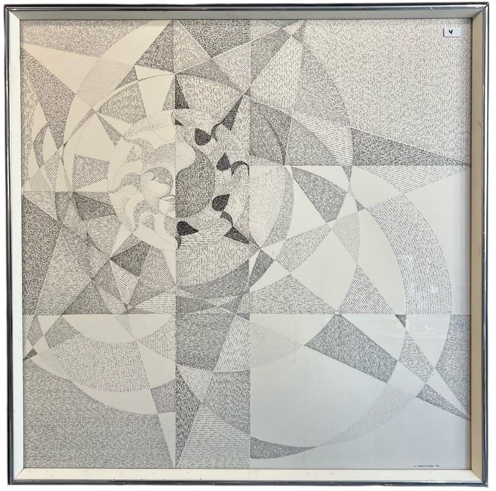 Pen Drawing signed C Greenwood 70, 25 1/2 x 25 1/2", "Sun Reflections".: Pen Drawing signed C Greenwood 70, 25 1/2 x 25 1/2", "Sun Reflections".