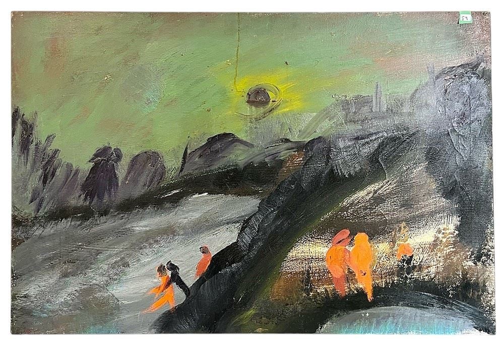 Oil on Canvas Attributed to Harold Elliott, 24 x 36", "Signal".: Oil on Canvas Attributed to Harold Elliott, 24 x 36", "Signal".