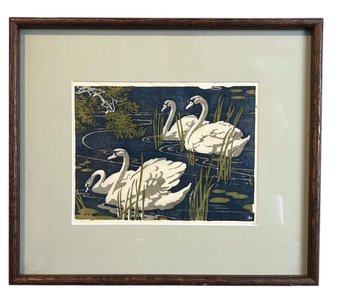 Woodblock signed N (Harold Nelson), 7 1/8 x 9 3/8", "Swans".: Woodblock signed N (Harold Nelson), 7 1/8 x 9 3/8", "Swans".