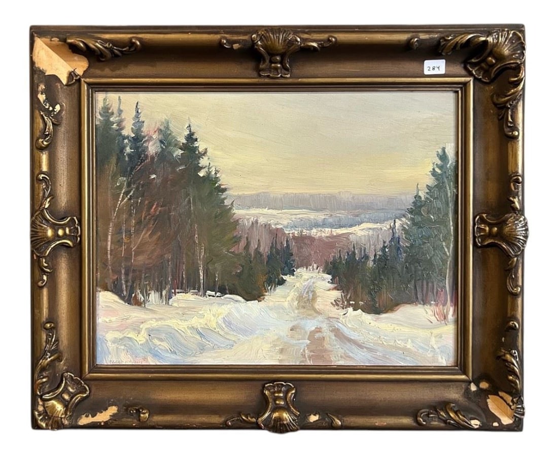 Oil on Board signed Clara Harris, 10 1/4 x 13 1/2", "Winter Scene". (1 of 2)