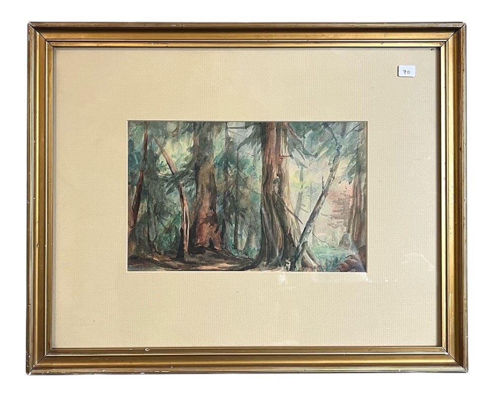 Watercolour signed M.V. (Mildred Valley) Thornton, 7 x 11", "Deep Woods Dark Cedars".: Watercolour signed M.V. (Mildred Valley) Thornton, 7 x 11", "Deep Woods Dark Cedars".