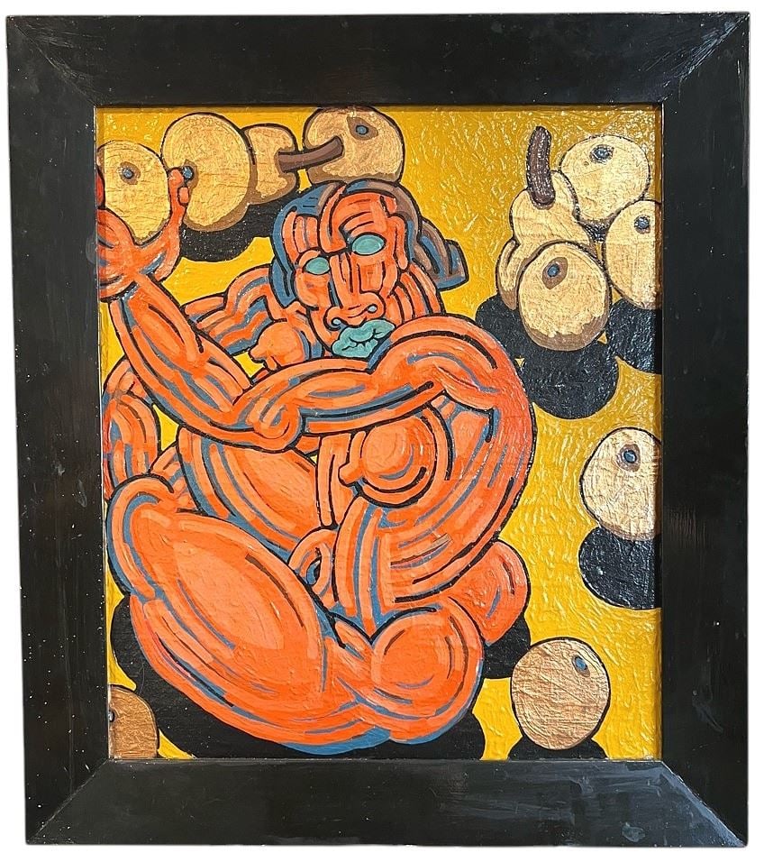 Acrylic signed Jan Wade 1990 Verso, 29 1/4 x 25", "Woman & Fruit".: Acrylic signed Jan Wade 1990 Verso, 29 1/4 x 25", "Woman & Fruit".