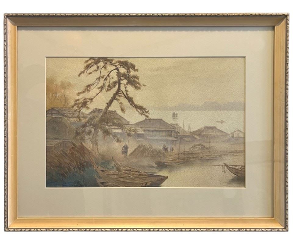 Watercolour signed Tananchi, 12 x 18 1/2", "Village".: Watercolour signed Tananchi, 12 x 18 1/2", "Village".