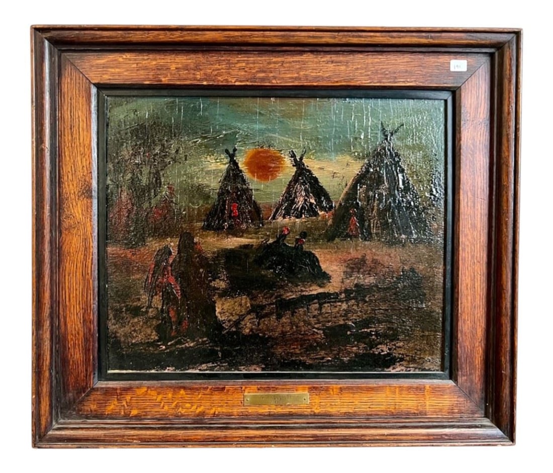 Oil on Panel signed H.H. Elliotte Verso, 13 1/4 x 16 1/4", "Inhabitants Indian Enca..: Oil on Panel signed H.H. Elliotte Verso, 13 1/4 x 16 1/4", "Inhabitants Indian Enca..