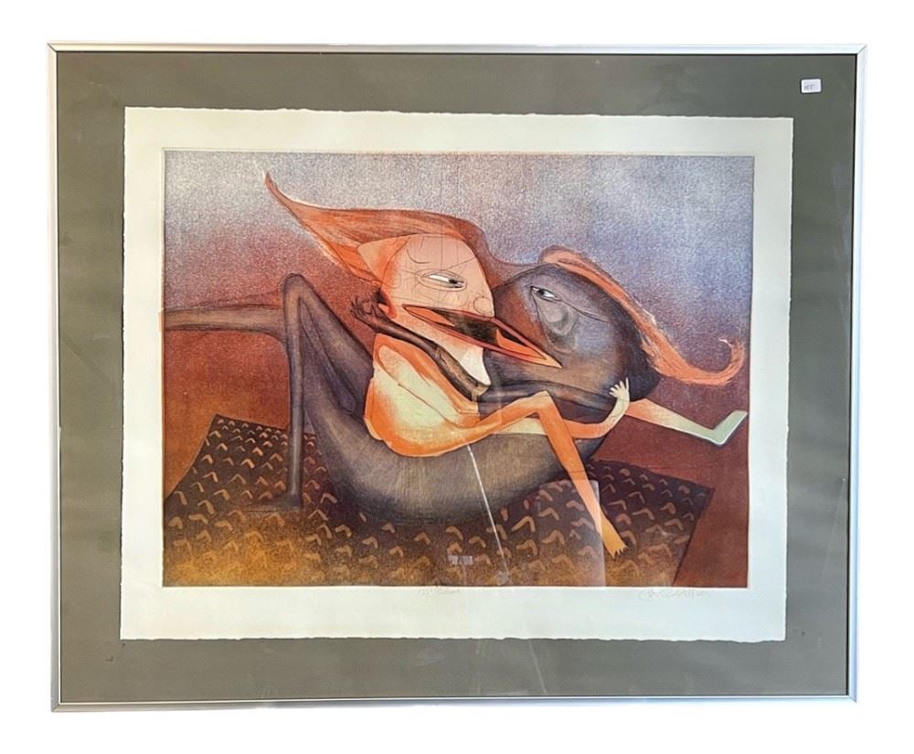 Coloured Engraving Indistinctly signed Pat Riddell? 1980, 17 1/2 x 23 1/2", "The Couple 1/10": Coloured Engraving Indistinctly signed Pat Riddell? 1980, 17 1/2 x 23 1/2", "The Couple 1/10"