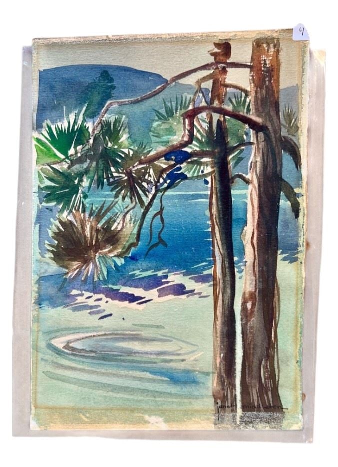 Watercolour signed Janet Middleton 10 1/4 x 7 1/4" "Pines On The Okanagan Lake". (1 of 1)