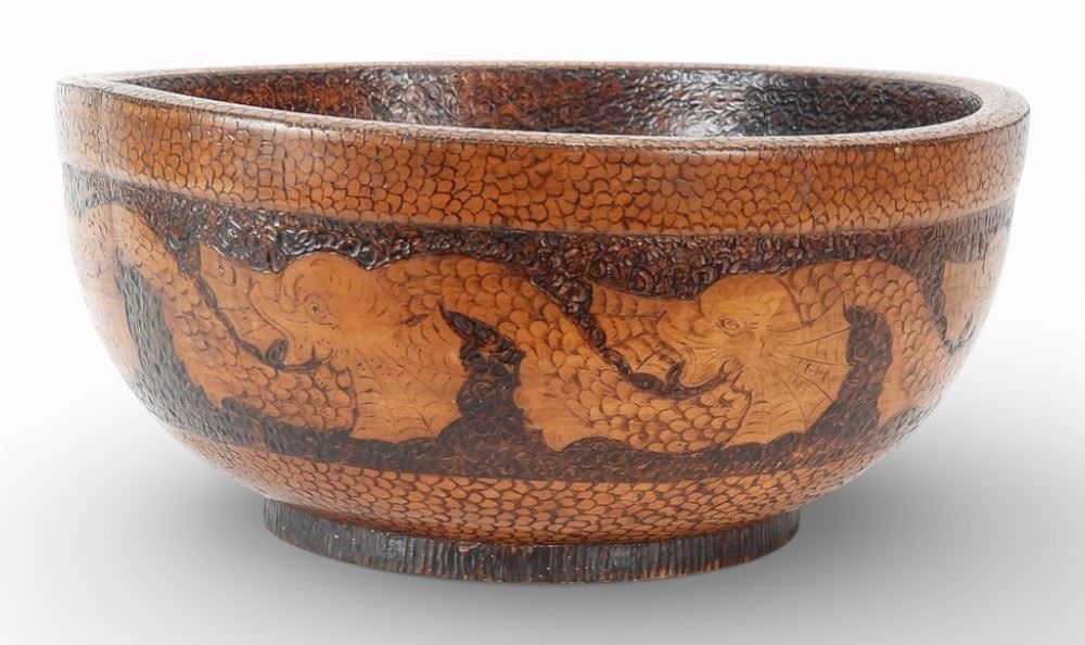 Turned & Carved Wooden Bowl with Serpent Decoration, 15 3/4" Diameter (1 of 4)