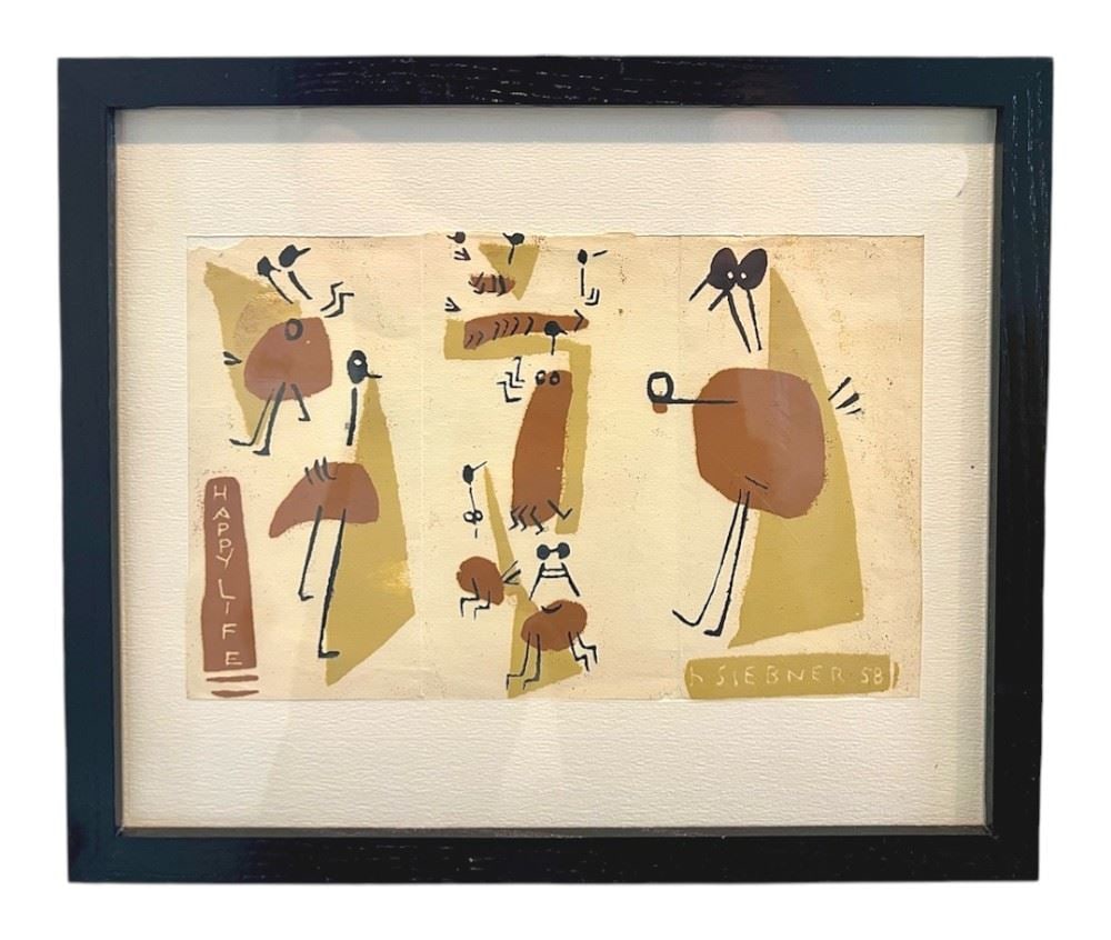 Coloured Print signed H. Siebner '58 , 6 1/4 x 9 3/4", "Happy Life".: Coloured Print signed H. Siebner '58 , 6 1/4 x 9 3/4", "Happy Life".