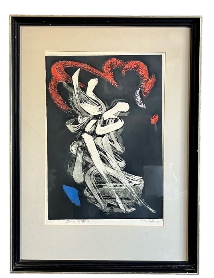 Woodcut signed F.M. Nakayama, 18 1/4 x 12 1/2", "Dance of Flame" #56/100. (1 of 2)
