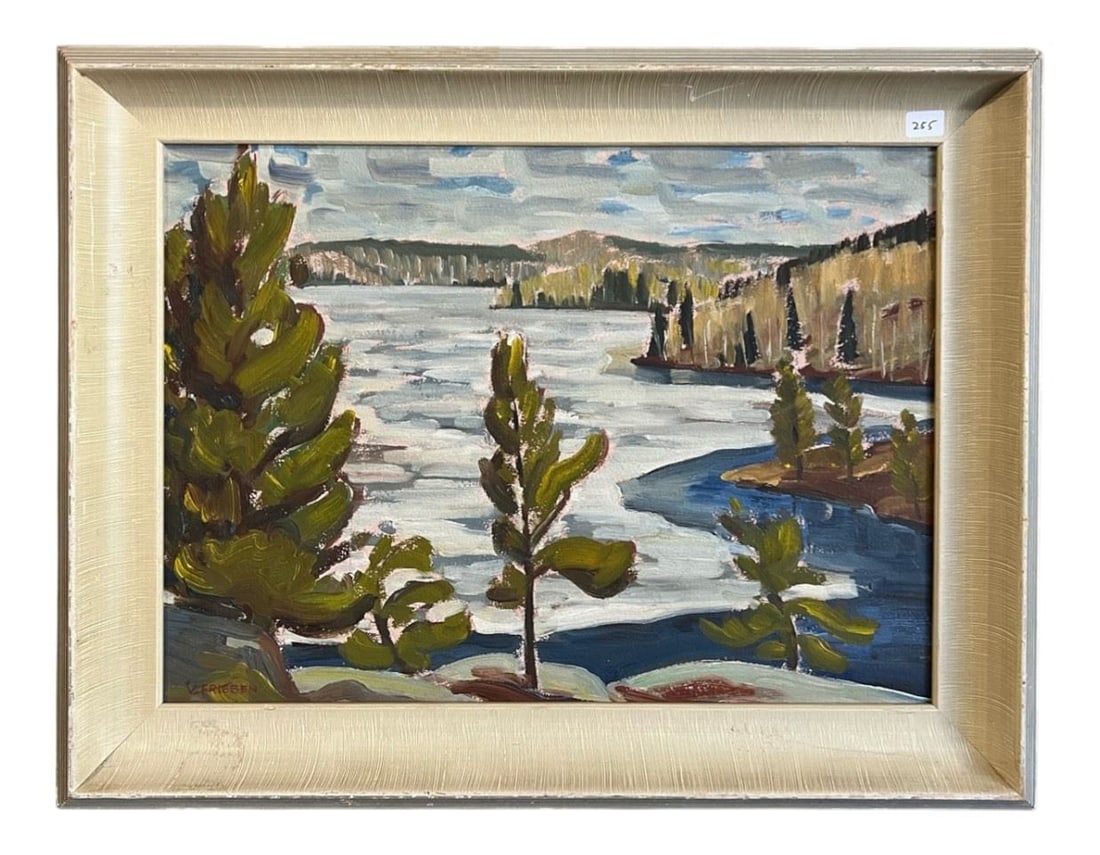 Oil on Board signed V. Frieson (Victor), 11 3/4 x 16", "Caddy Lake May 8, 1954". (1 of 2)
