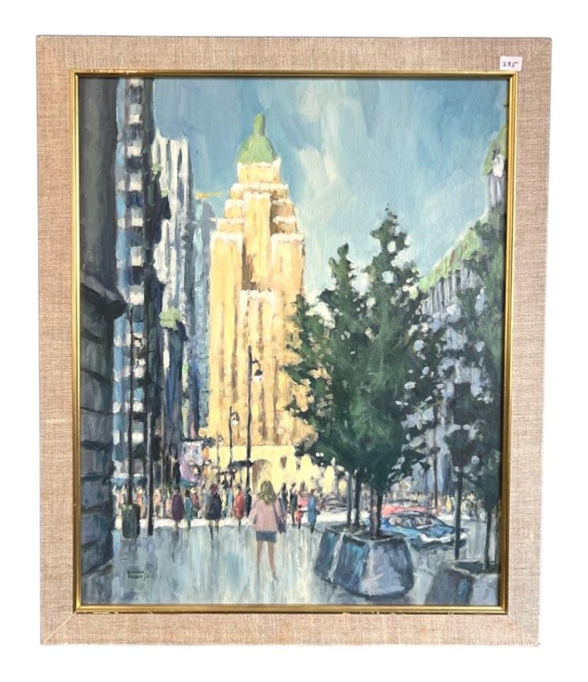 Oil on Board signed Donald Franseu, 20 x 16", "Hastings St, Vancouver".: Oil on Board signed Donald Franseu, 20 x 16", "Hastings St, Vancouver".