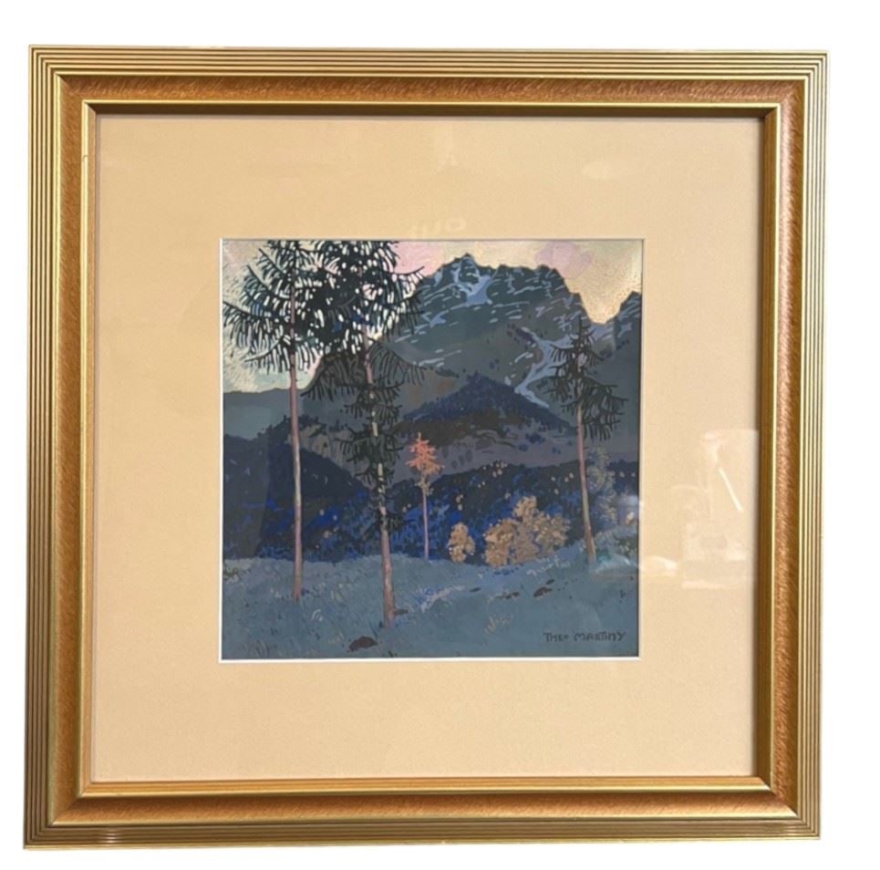 Gouache signed Theo Martiny, 9 1/4 x 9 1/4", "Mountains & Trees". (1 of 2)