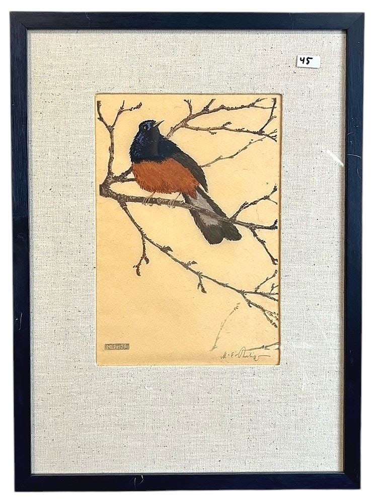 Woodcut signed M.E. Philipp (Martin Erich), 12 x 8", "Schamadrossel". (1 of 2)