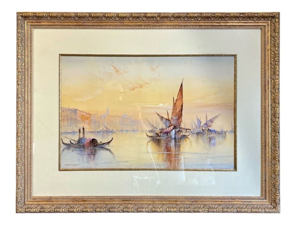 Watercolour signed W Stewart, 16 5/8 x 25 3/4", "Venetian Scene". (1 of 2)