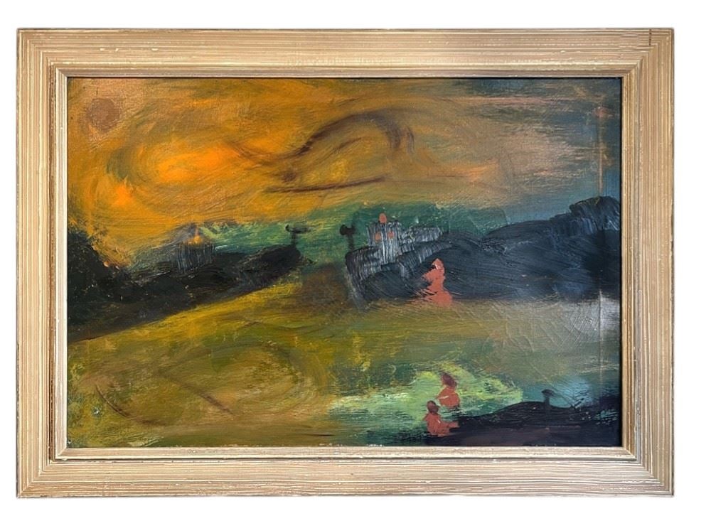 Oil on Canvas signed H.H. Elliotte Verso, 24 x 36", "Breakwater".: Oil on Canvas signed H.H. Elliotte Verso, 24 x 36", "Breakwater".