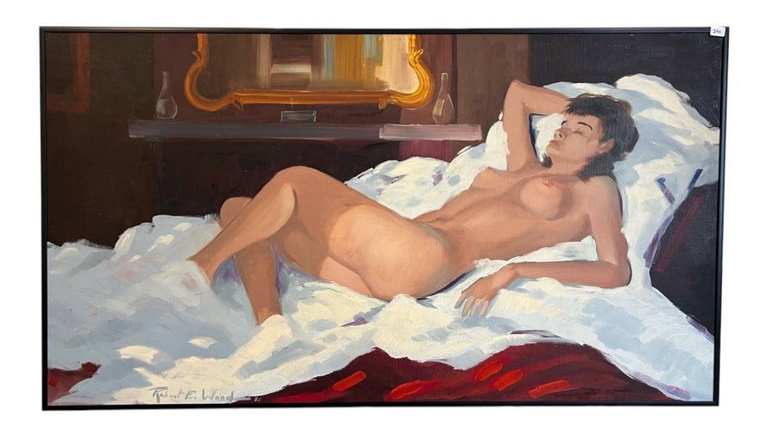 Oil on Canvas signed Robert E. Wood, 20 x 36", "Sleeping Nude for Terry's Bar".: Oil on Canvas signed Robert E. Wood, 20 x 36", "Sleeping Nude for Terry's Bar".
