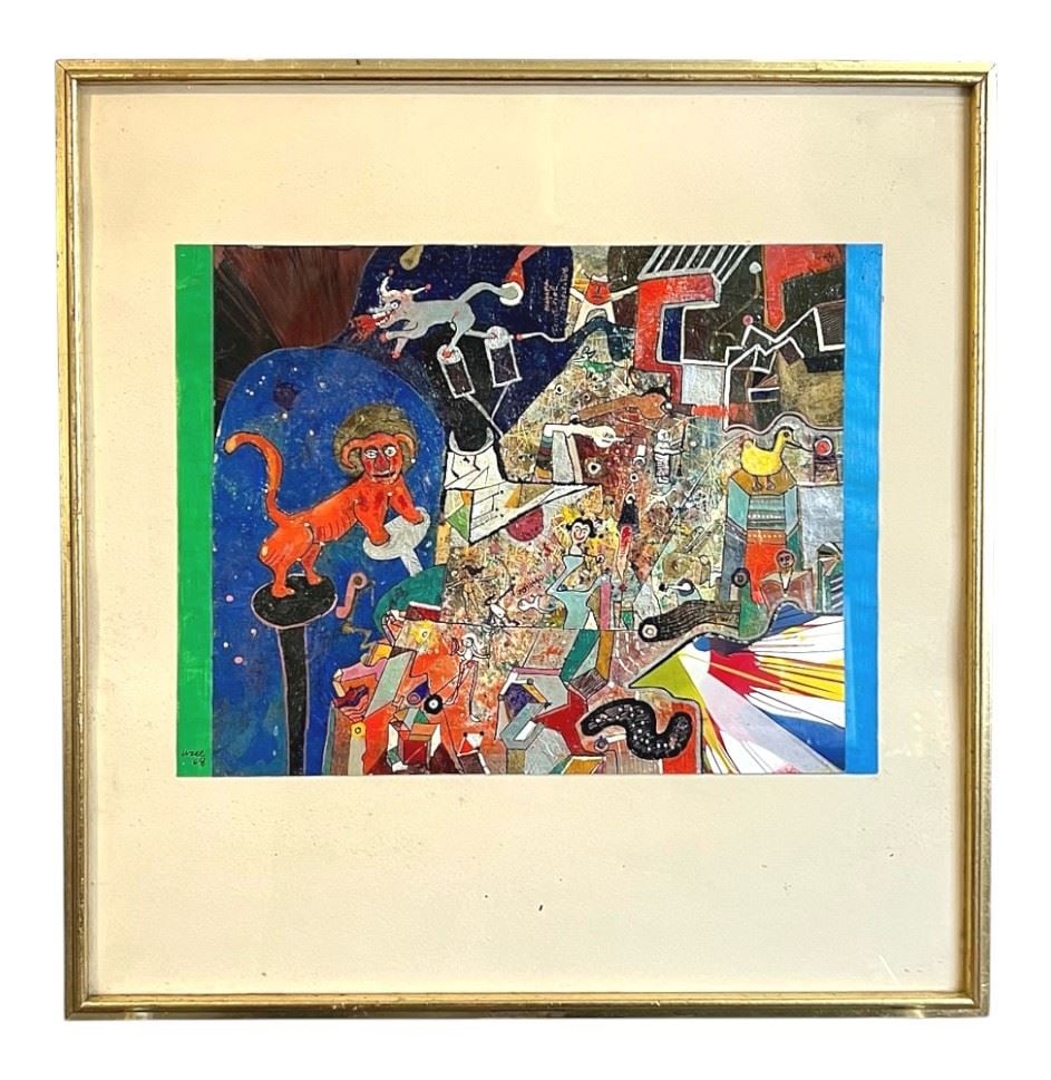 Acrylic signed Uzel, 10 3/8 x 13 3/4", "Abstract". (1 of 3)