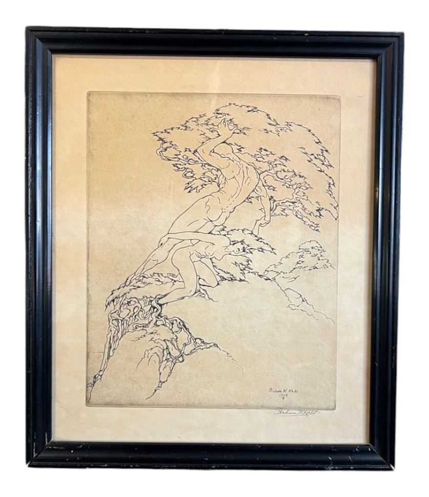 Etching signed Perham W. Nahl, 9 3/4 x 7 3/4". (1 of 2)