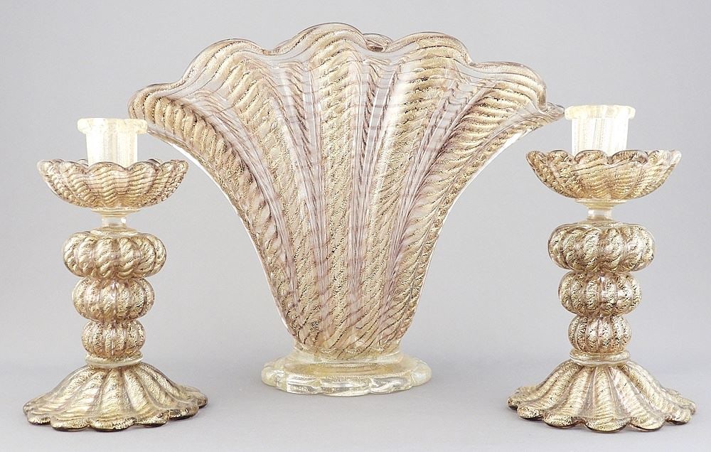 Barovier & Toso "Cordonato d'oro" Vase & Candlestick Garniture, 6 1/2 -8 3/8"h. (1 of 3)