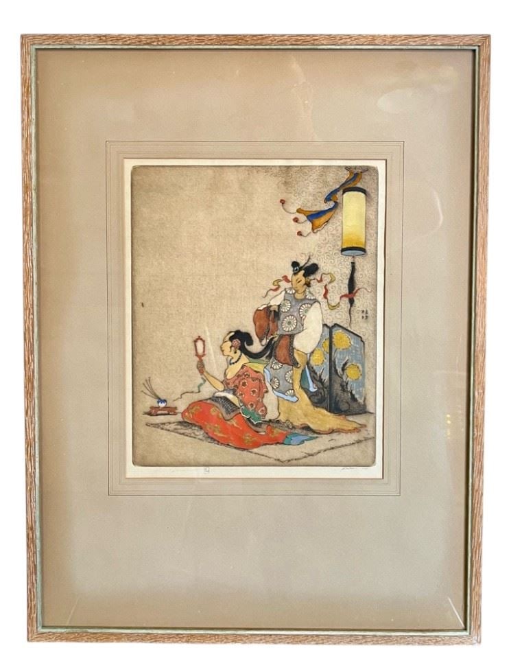 Coloured Woodcut signed Dorothy Tyson, 11 x 9", "Vanity" #8/100. (1 of 3)