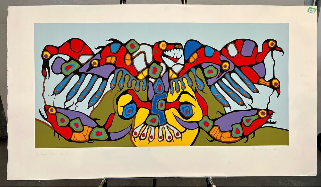 Serigraph signed Norval Morrisseau, 18 x 37" #19/69 "Norval Viewing Duality". (1 of 1)