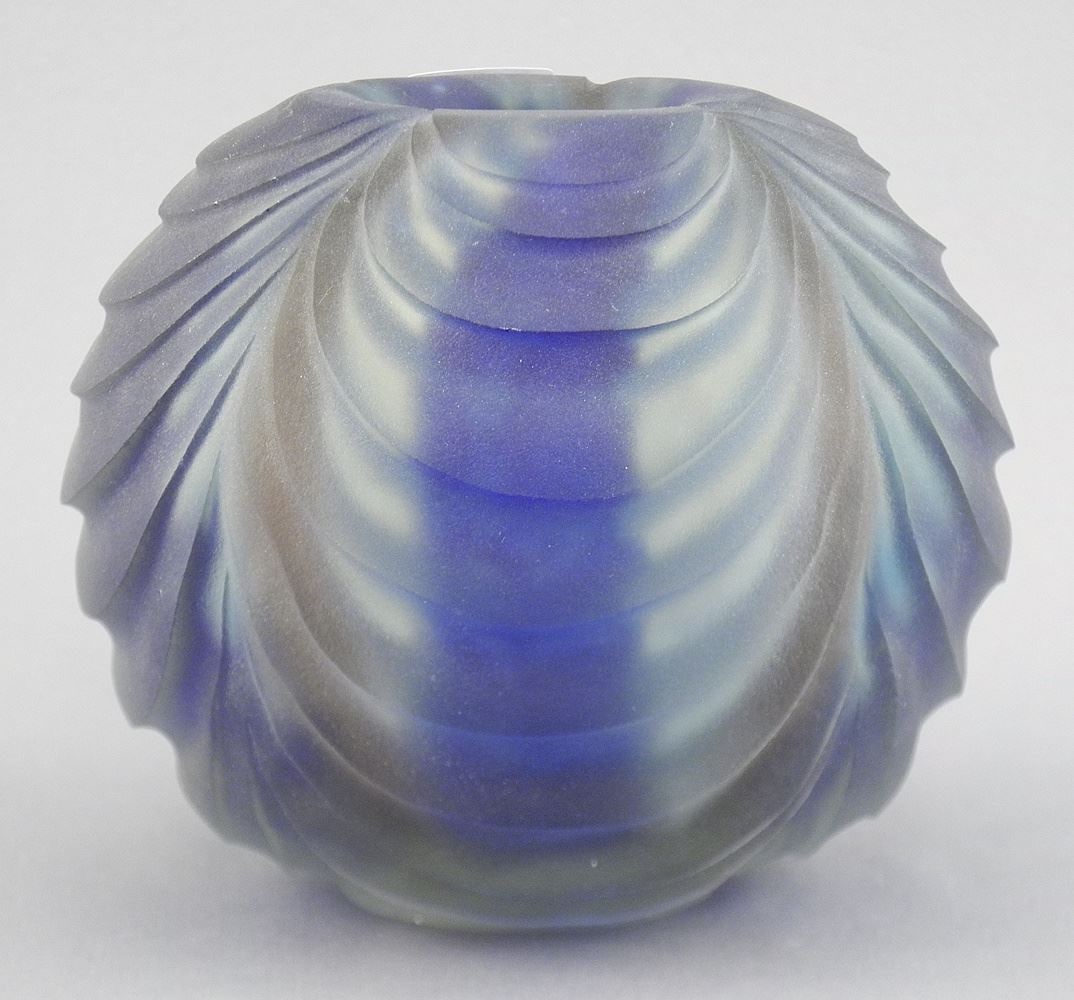 Blue Scalloped Glass Vase signed M. (Mel) Munsen 1973, 3 3/4"h. (1 of 5)