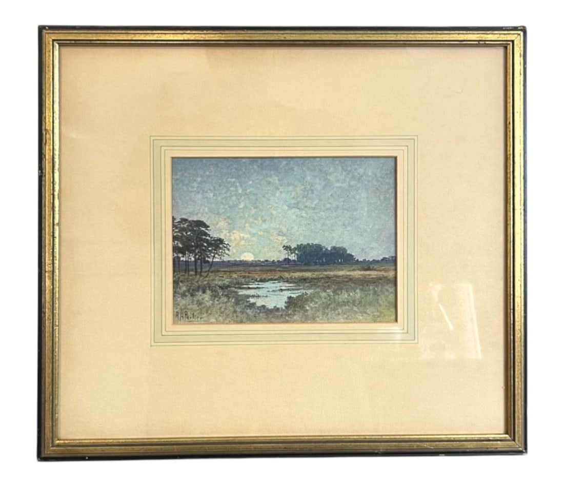 Watercolour signed A.H. Parker, 5 5/8 x 7 5/8", "Moon Set". (1 of 2)