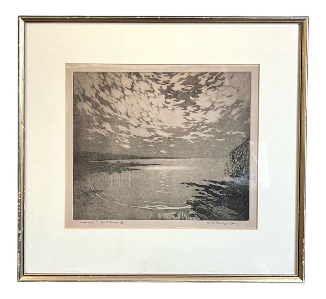 Etching signed Harold Whaley 1926, 10 x 11 3/4", "Moon Light Port St. Mary" #14/25. (1 of 2)